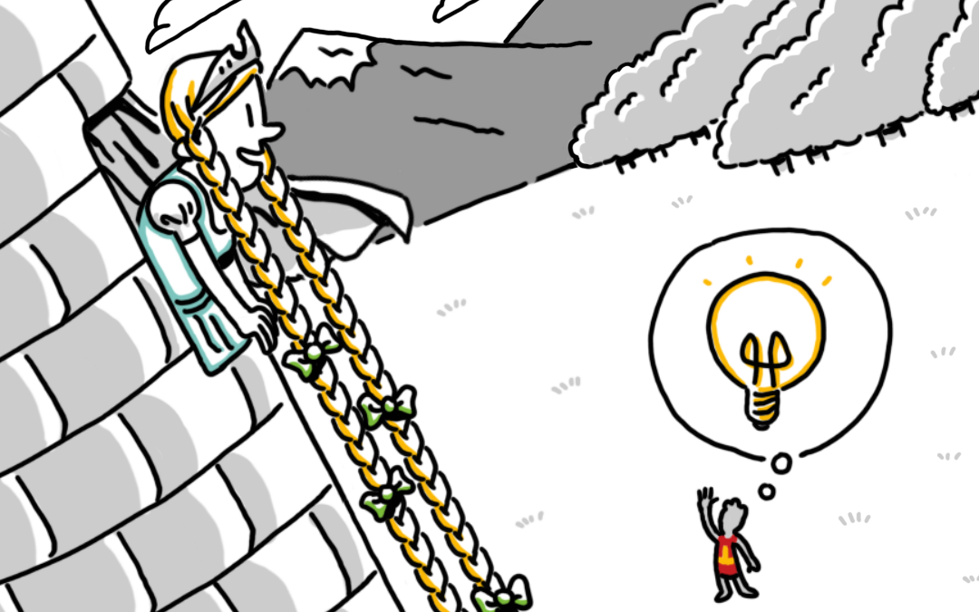 A whimsical Scribology in Action illustration showcasing visual storytelling, featuring a man hanging from a rope with a glowing light bulb overhead, symbolizing creativity and innovation.