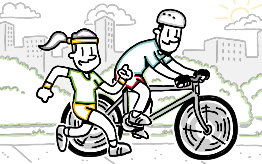 Cartoon illustration of a man and woman happily cycling together, showcasing a sense of adventure and companionship, representing wellness programs animation.