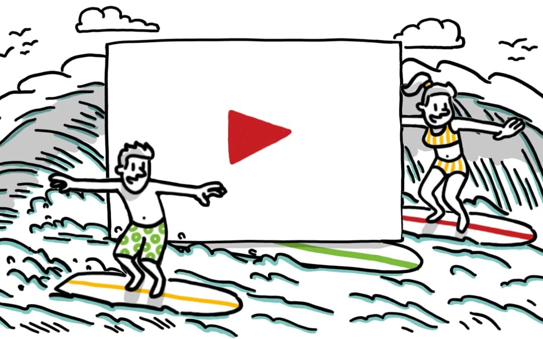 Cartoon of two individuals on surfboards, illustrating the fun of surfing, relevant to explainer video services