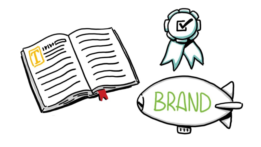 an illustration featuring a book, an airplane balloon labeld "Brand" and a medal with check mark