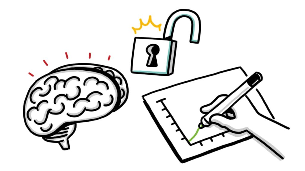 An illustration of a hand writing on paper, accompanied by a lock and brain, highlighting TruScribe's innovative approach as a whiteboard animation agency