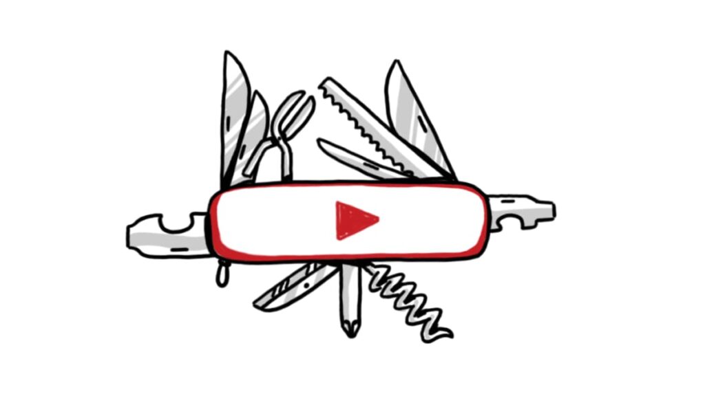 A doodle-style illustration of a Swiss Army knife with a play button on the handle, symbolizing versatility in video content. This visual reinforces the message in 'Spoiler alert: Not All Animation Studios are Created Equal,' highlighting the importance of choosing a studio that offers diverse and effective solutions.