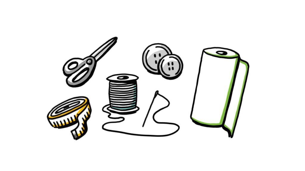 A doodle-style illustration of sewing tools, including scissors, thread, buttons, a measuring tape, and fabric roll, symbolizing customization and flexibility. This visual represents the ability to tailor solutions to fit unique needs, much like an animation studio crafting personalized video content.