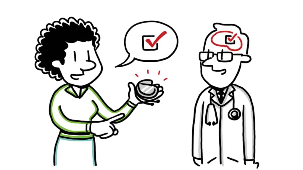Cartoon of a woman showing a device with a checkmark to a doctor, who is smiling with a checkmark drawn inside his head, indicating approval.