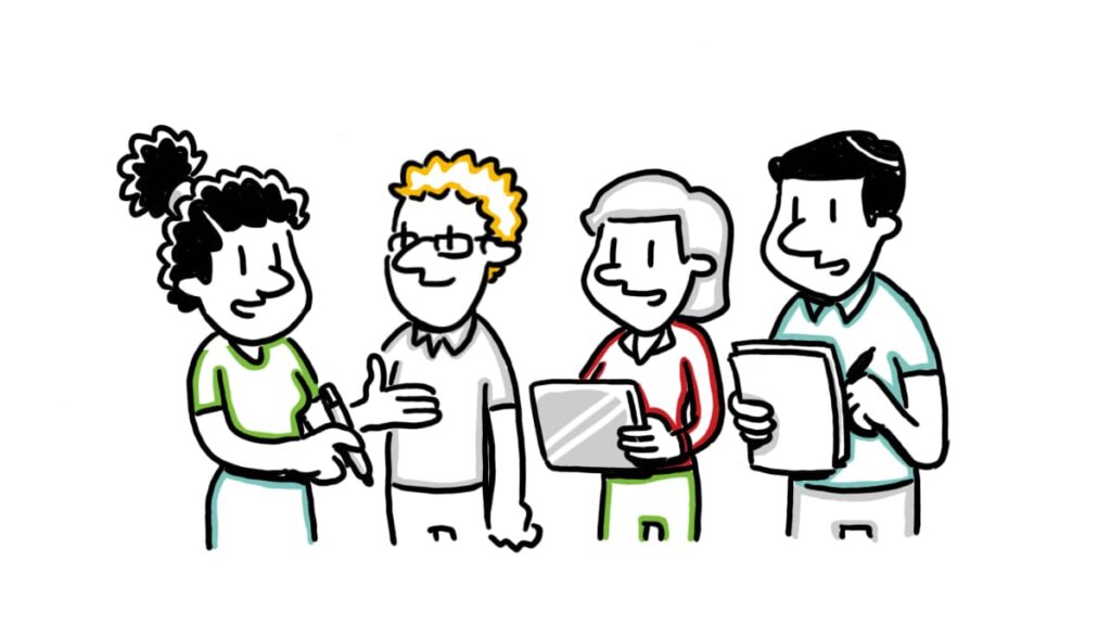 Cartoon of four people in a collaborative discussion, holding a pen, tablet, and notepad, representing teamwork and idea sharing.