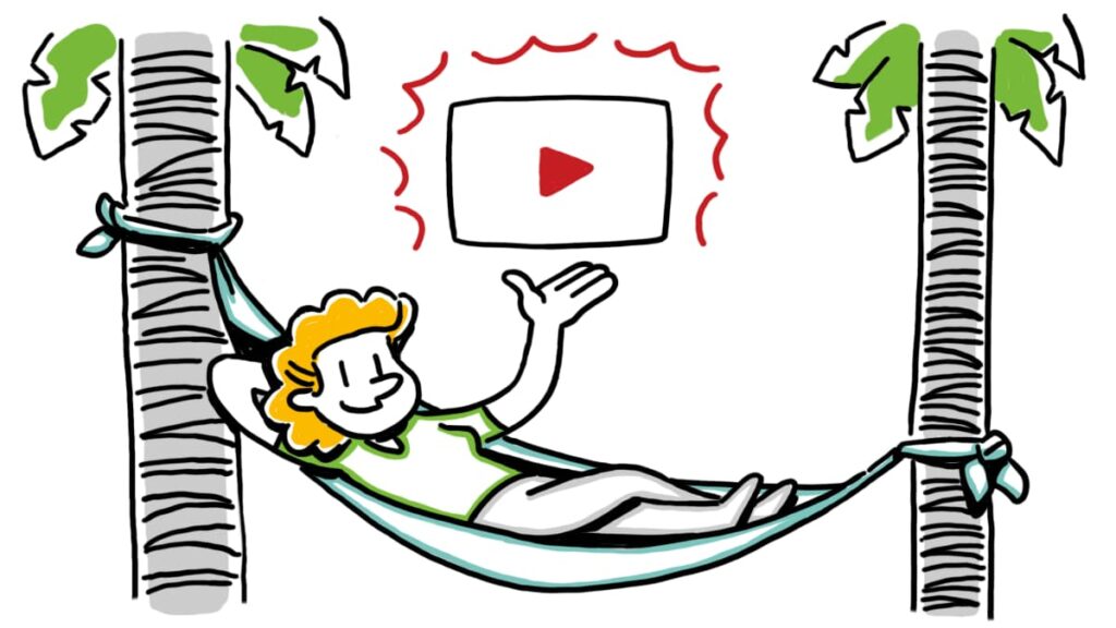 Cartoon of a relaxed person lounging in a hammock between palm trees, pointing to a large play button icon, symbolizing ease and enjoyment of video content.