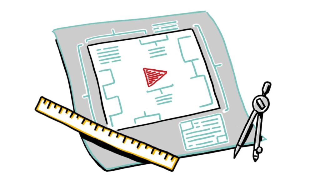 Illustration of a blueprint with a play button, ruler, and compass, symbolizing planning and design.