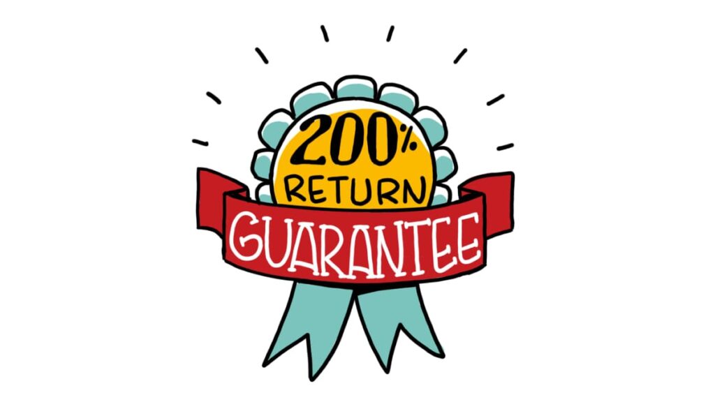 Illustration of a badge with text "200% Return Guarantee" on a ribbon.