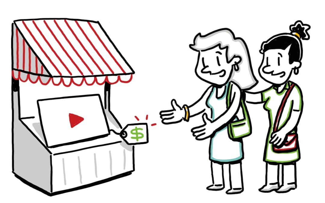 Whiteboard animation showing two women inquiring about a video with a price tag, illustrating whiteboard animation price concept.
