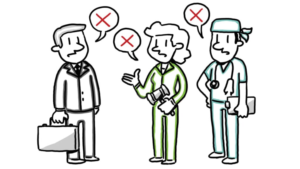 Whiteboard animation illustration of a businessman, a judge, and a doctor, each with speech bubbles showing red 'X' marks, indicating disagreement or rejection