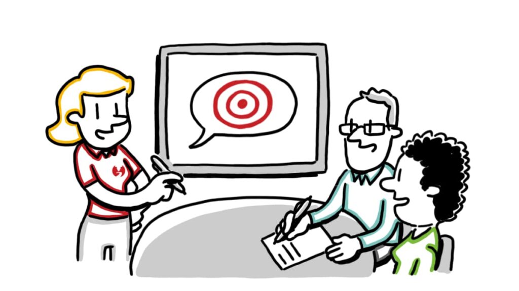 Whiteboard animation of a woman presenting to two people at a table, with a target symbol on a screen behind her