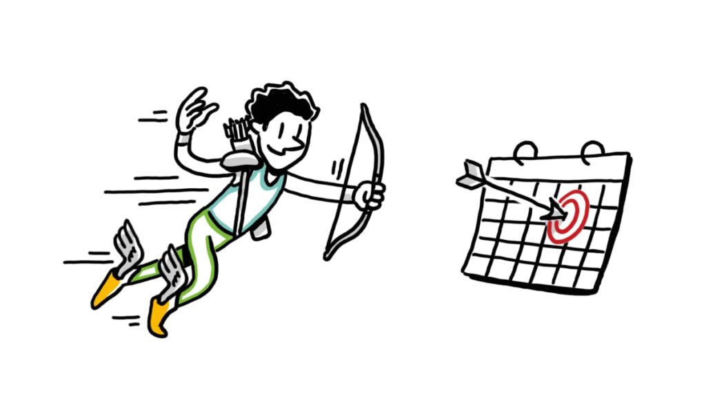 Illustration of a flying archer aiming at a calendar with a target, symbolizing hitting deadlines or meeting goals on time.
