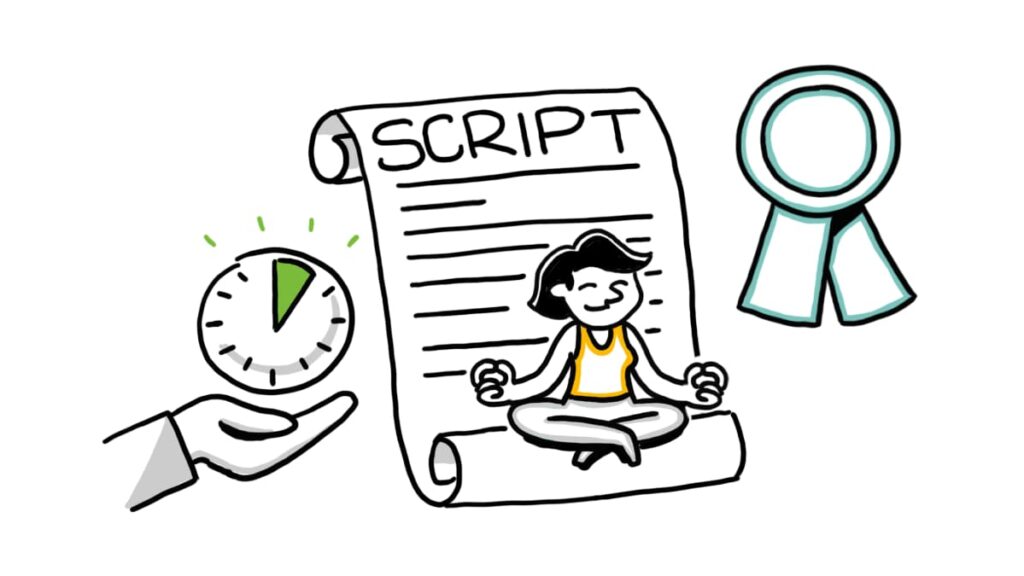 A person meditating on a script scroll, with a clock in hand and an award ribbon, symbolizing calm, efficiency, and quality through collaborative scriptwriting.