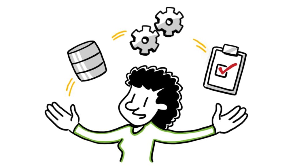 Illustration of a person juggling a database, gears, and a checklist clipboard, representing adaptability and multitasking.