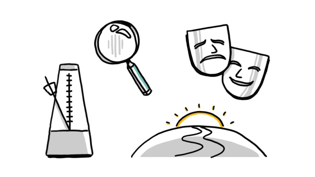 A metronome, magnifying glass over a sad face, theater masks, and a rising sun over a winding road symbolizing pacing, emotion, storytelling, and journey in scriptwriting.