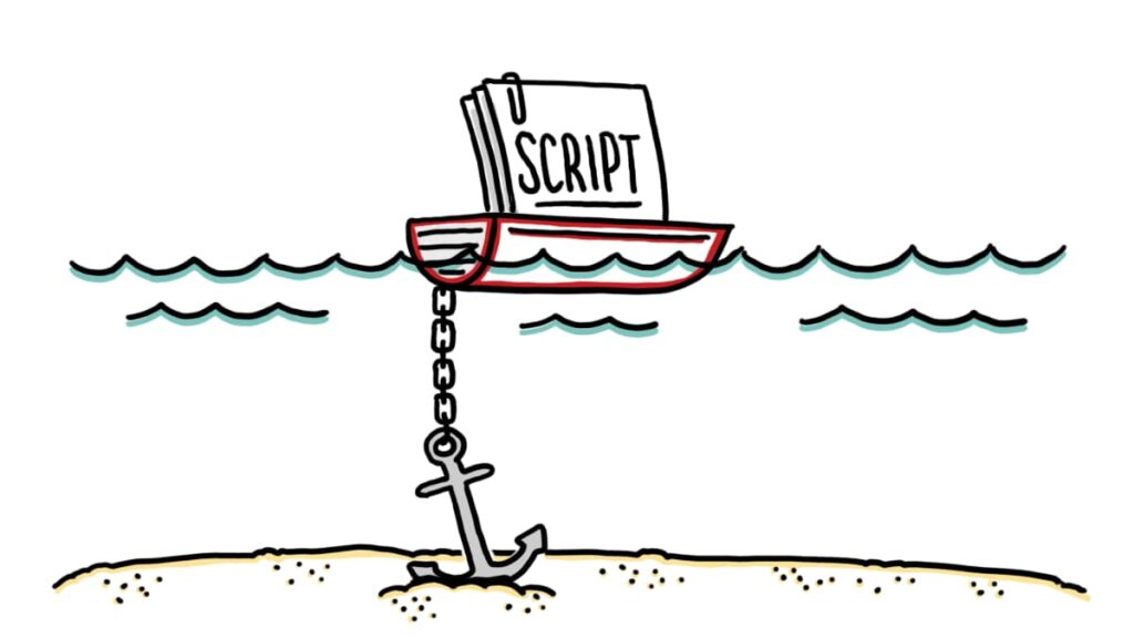 A red boat labeled "SCRIPT" is anchored to the seafloor, symbolizing stability in rough waters.