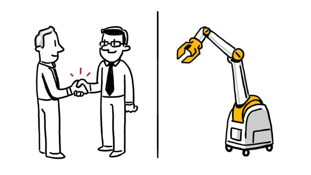 Hand-drawn explainer video illustration showing two businessmen shaking hands on the left and a robotic arm on the right, symbolizing human trust and technology.