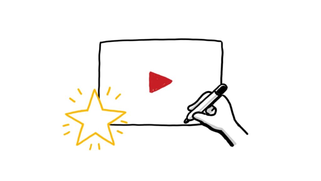 Hand-drawn illustration of a video play button on a screen being outlined with a marker, with a glowing star beside it—symbolizing the lasting value of creating standout content.