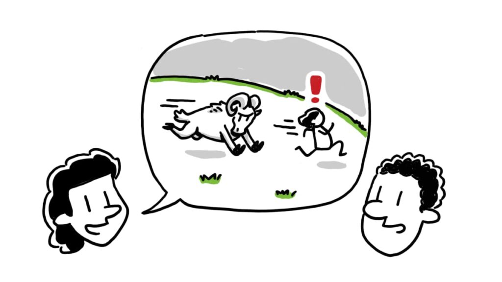 Hand-drawn illustration of one person telling a story to another, with a speech bubble showing a person running from a charging ram—highlighting the power of emotional storytelling.