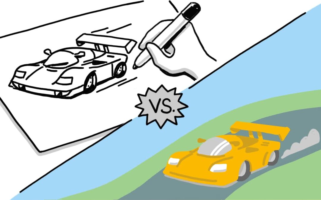 Hand-drawn explainer video vs. motion graphics animation of a race car