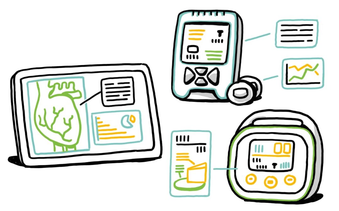 Whiteboard animation video showing medical tech devices, heart monitor, and data charts for healthcare communication.