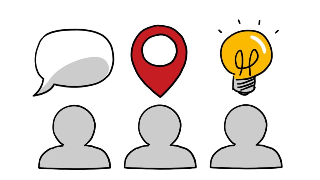 Hand-drawn icons showing a speech bubble, a location pin, a lightbulb, and three generic person silhouettes, representing communication, location, ideas, and people.