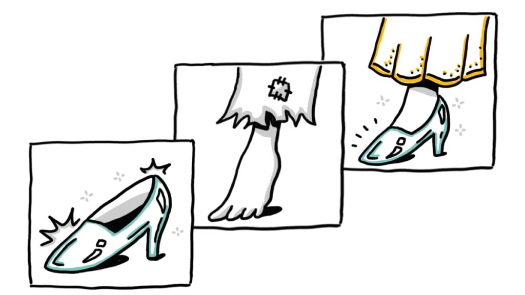 Whiteboard animation showing a sparkling glass slipper, a bare foot in a torn dress, and the foot wearing the slipper under a golden hem—illustrating transformation through storytelling.