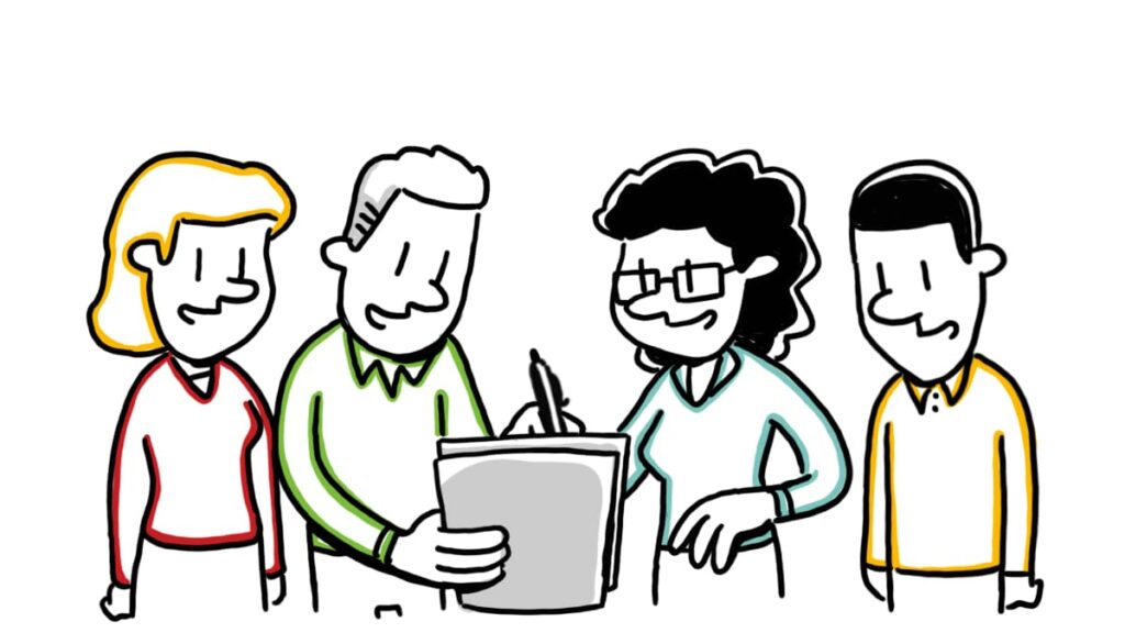 Whiteboard-style illustration of four smiling people collaborating, with two in the center reviewing a document—representing co-creation and collaborative scriptwriting for engaging HR communication.