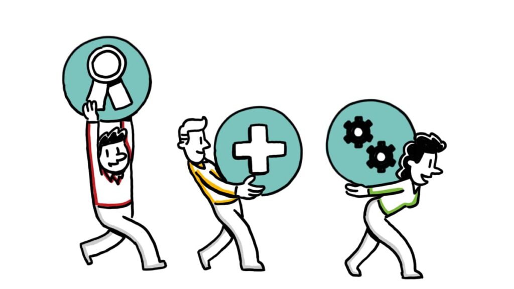 Three illustrated characters carry large icons—a ribbon, a medical cross, and gears—symbolizing recognition, support, and operational efficiency, representing why HR teams choose to partner with TruScribe.