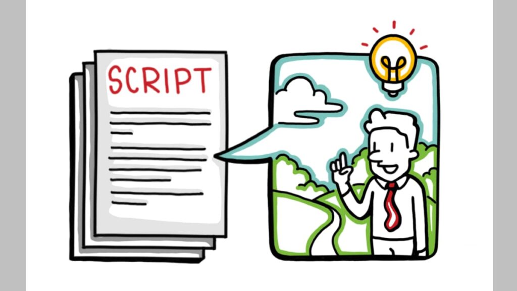 Whiteboard illustration of a script transforming into a person speaking with a lightbulb above their head.
