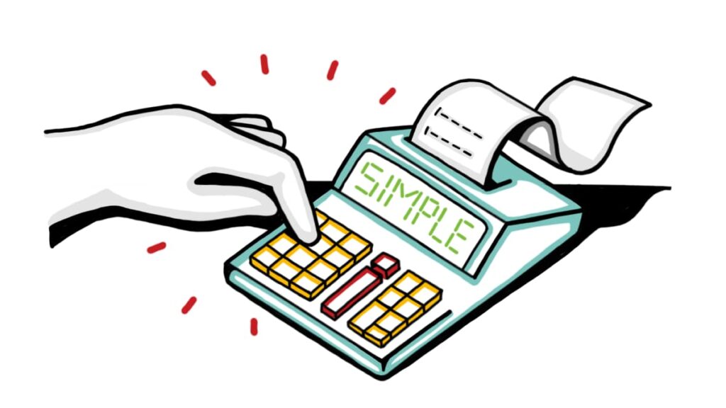 Whiteboard illustration of a hand pressing a calculator with the word “SIMPLE” on the display.