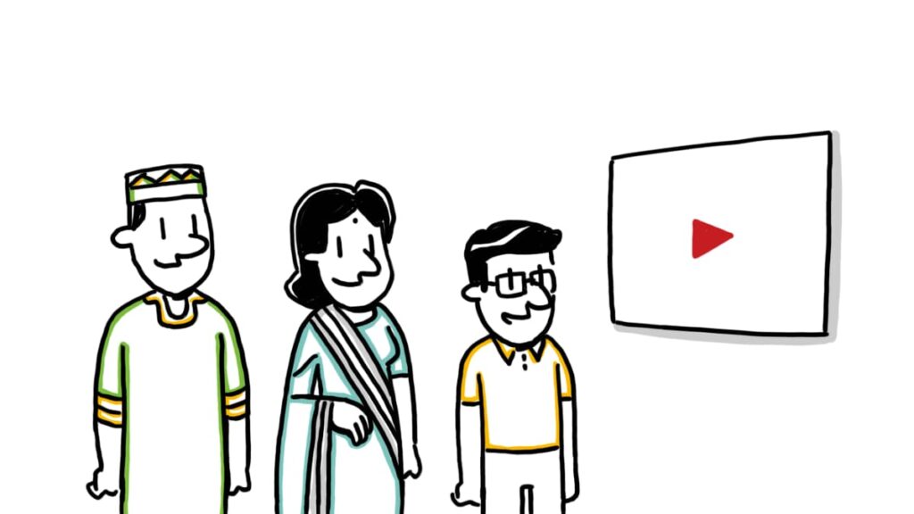 Three people with different nationalities in their own traditional clothing watching a screen with a video play icon.