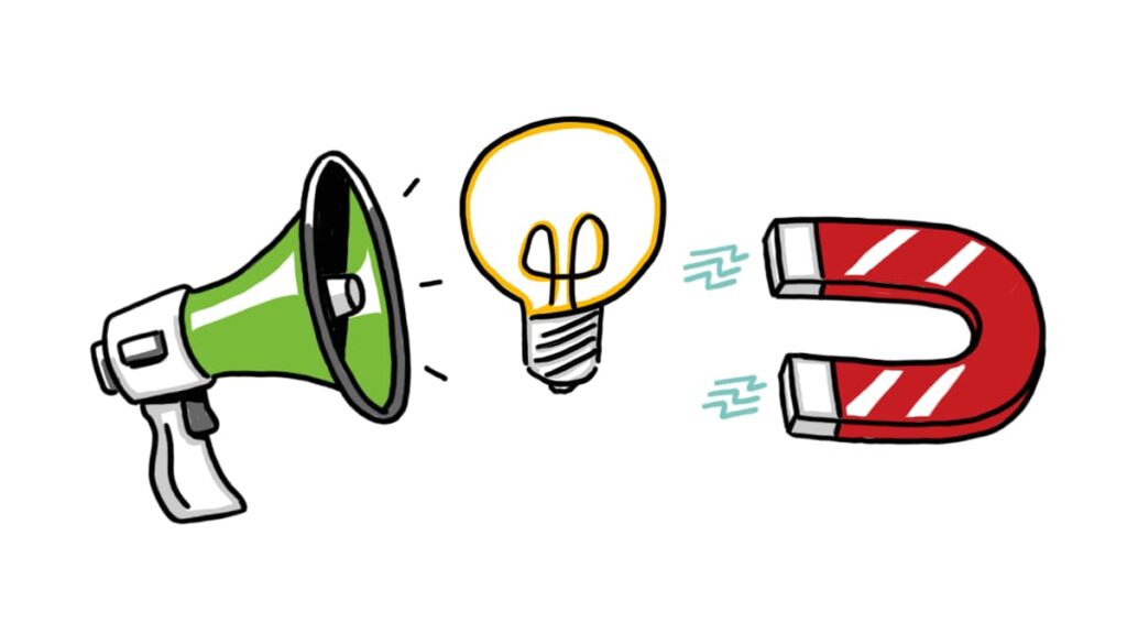 Megaphone, lightbulb, and magnet symbolizing marketing, ideas, and lead attraction.