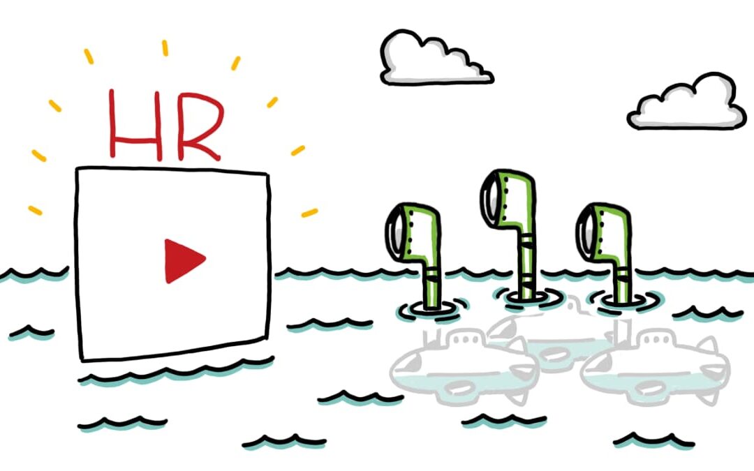 Illustration for How To Teach Visual Learners in HR Communications, showing a whiteboard video icon labeled 'HR' attracting the attention of submarine periscopes in the ocean.