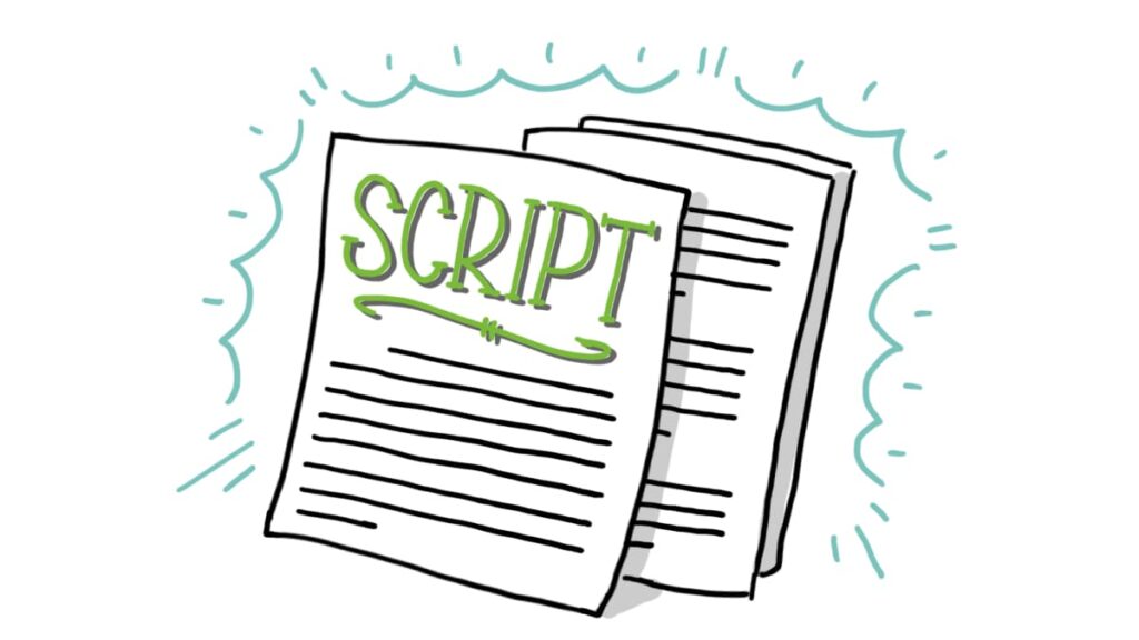 Illustration of a written script, highlighting the importance of expert script development for creating clear, engaging, and goal-driven video narratives.