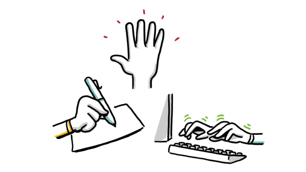 Hand-drawn icons showing a raised hand, writing hand, and typing hands, representing kinaesthetic learning styles.