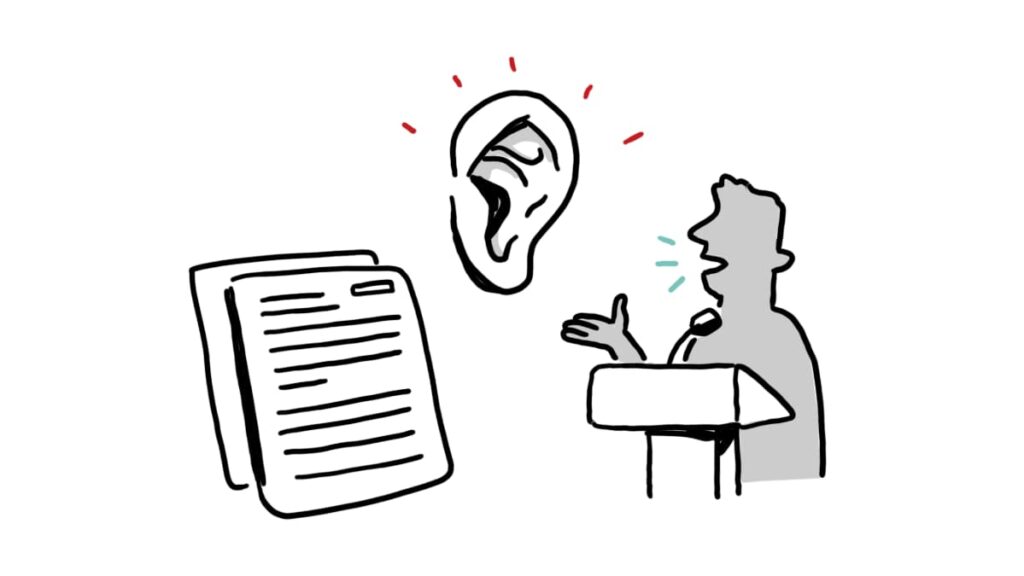 Hand-drawn icons showing an ear, documents, and a person speaking at a podium, representing verbal learning styles.
