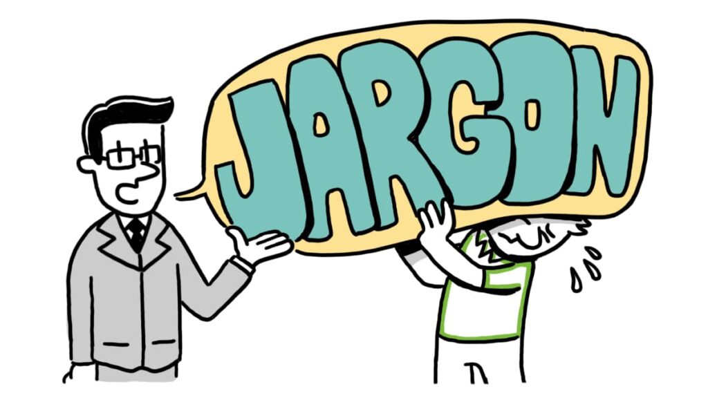 Whiteboard animation of a businessman speaking while another person struggles under a large word "JARGON," symbolizing jargon overload in communication.