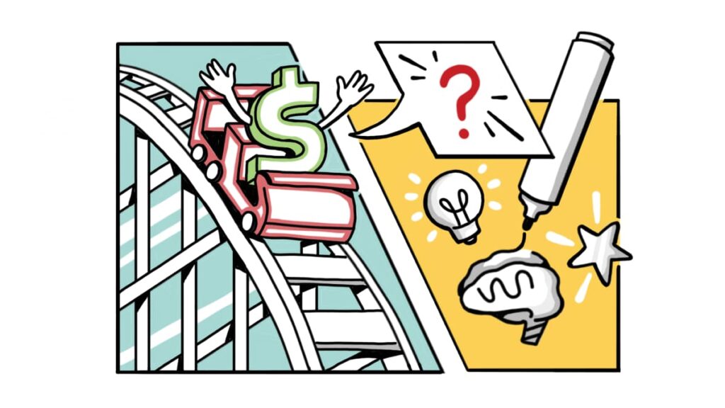 Whiteboard animation illustration of a dollar sign riding a roller coaster with creative doodles, symbolizing market volatility explained through simple metaphors.