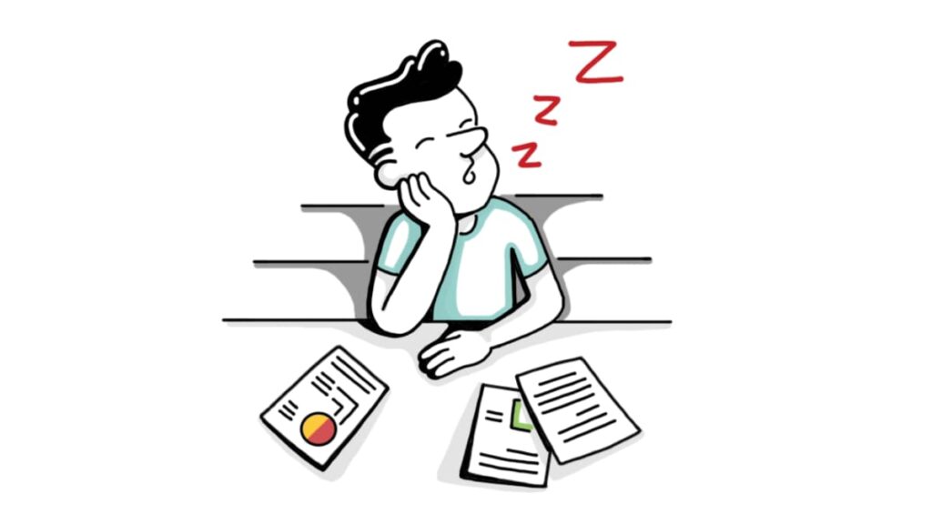 Illustration of a person falling asleep at a desk with documents, symbolizing how static training materials and long lectures can cause disengagement and lead to mistakes in high-pressure environments.