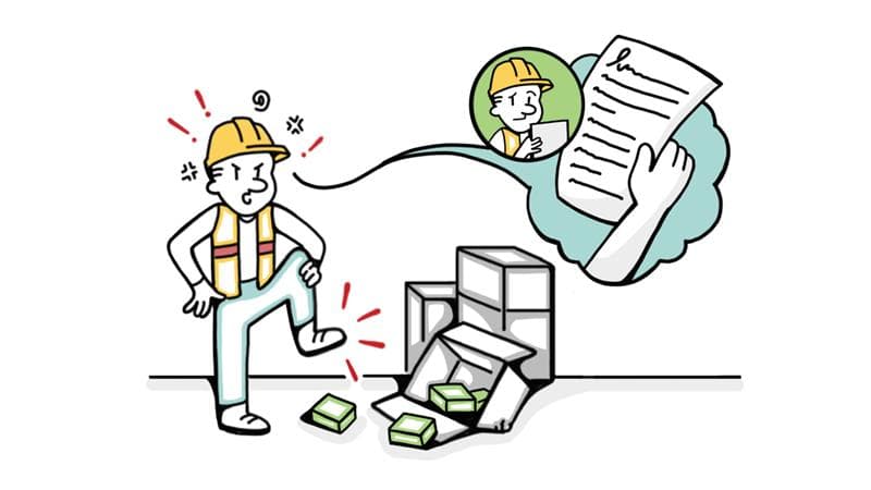 Construction worker overwhelmed by falling boxes and paperwork, symbolizing information overload.