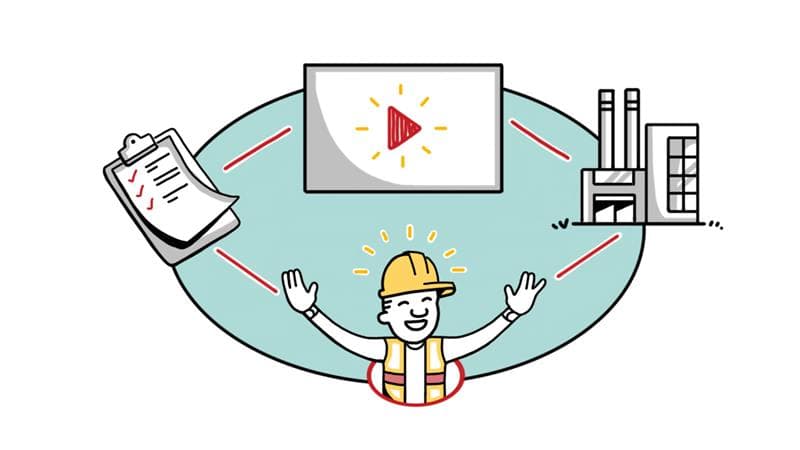 Happy construction worker with training video, checklist, and factory icons, symbolizing effective safety training.