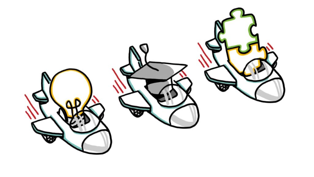 Three airplanes with symbolic cargo—a lightbulb, a graduation cap, and puzzle pieces—representing ideas, learning, and problem-solving in motion.