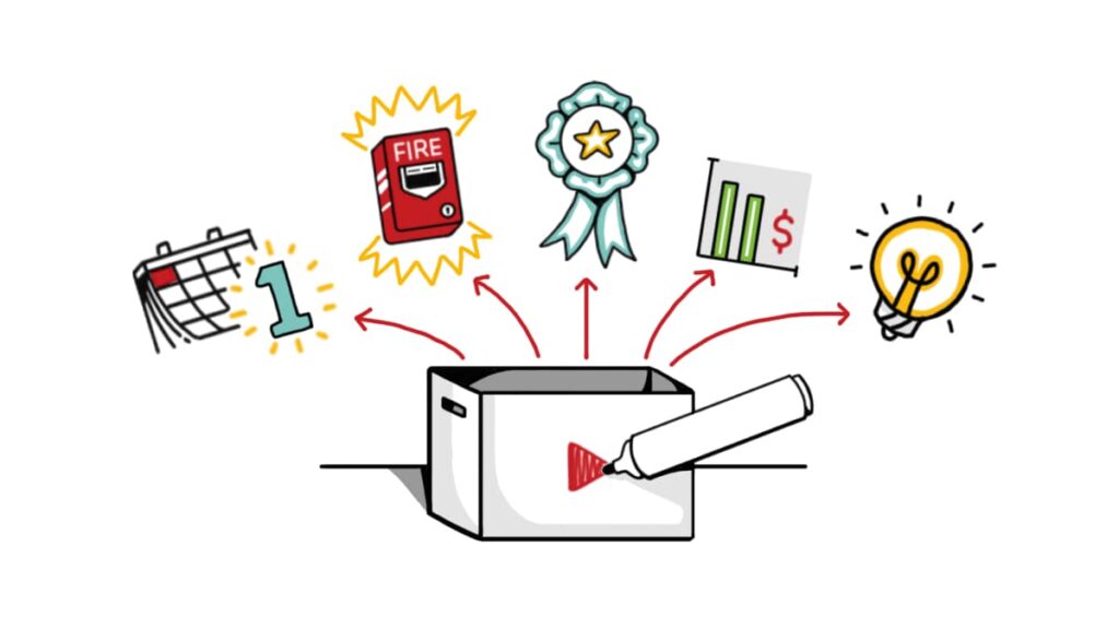 Illustration of a whiteboard marker drawing icons for onboarding, safety, compliance, sales, and education, symbolizing diverse training applications in medical device and biotech industries.