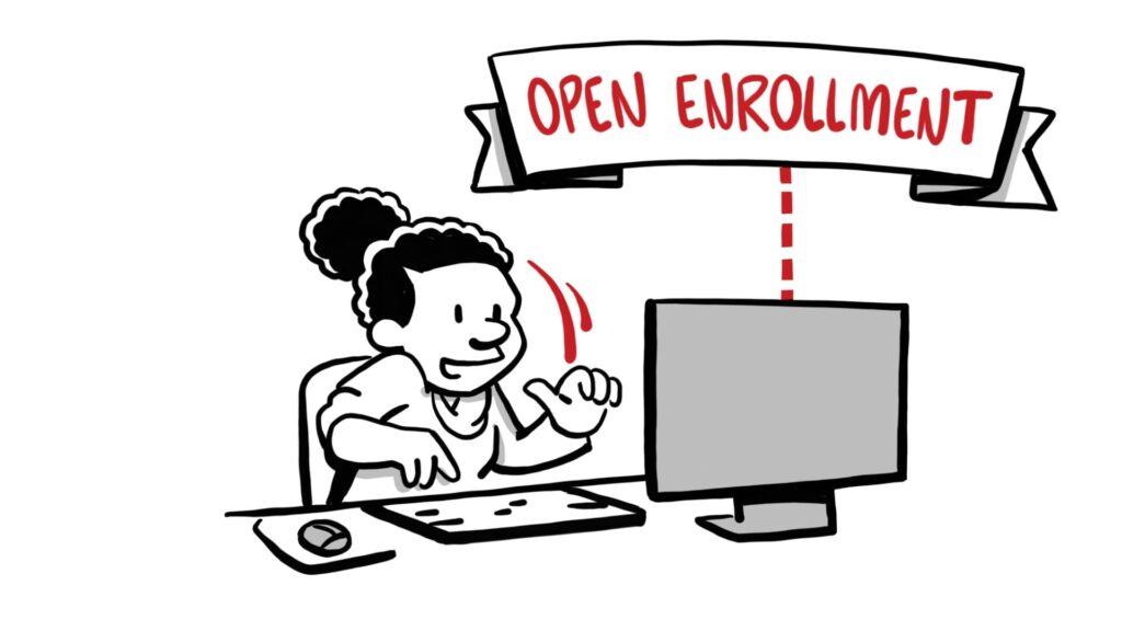 Hand-drawn illustration of an employee engaging with open enrollment on a computer, symbolizing emotional connection and clear communication through explainer videos.