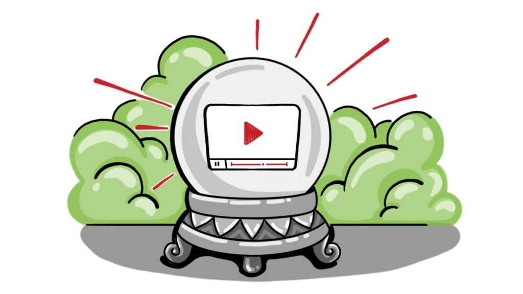 Illustration of a crystal ball with a red play button inside, symbolizing video insight and clarity in HR communication.