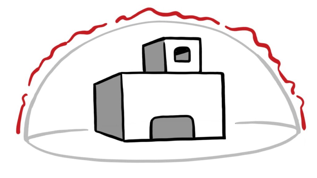 Simple illustration of a secure building surrounded by a protective red dome, symbolizing cybersecurity.