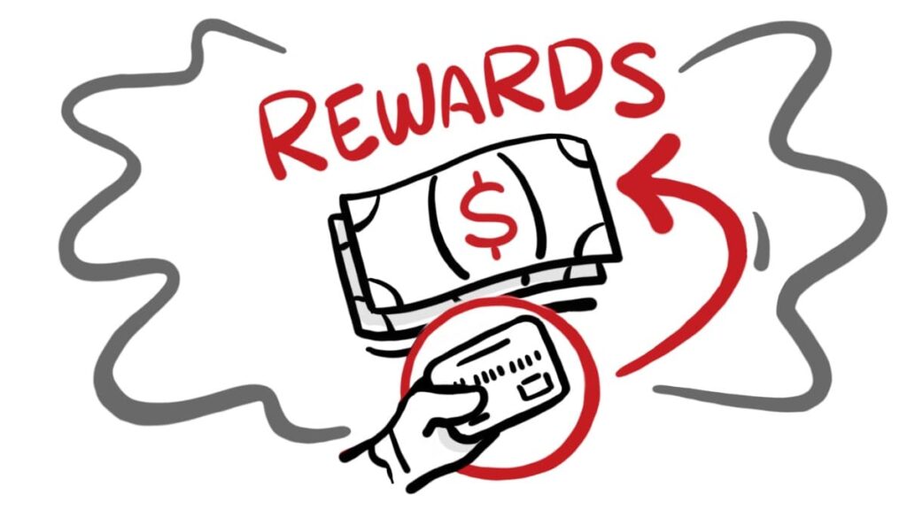 Hand holding a card pointing to cash labeled “Rewards,” illustrating employee benefits and incentive communication.