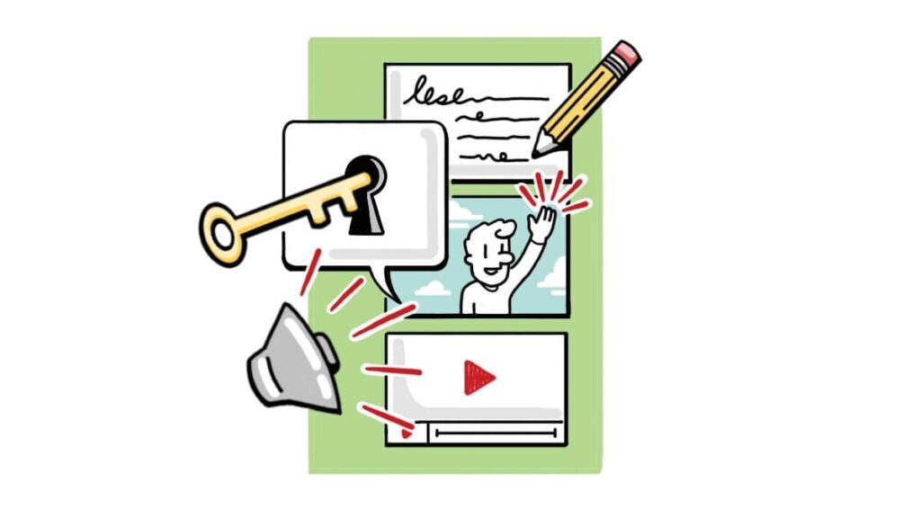 Illustration depicting TruScribe's transparent video production process, including scriptwriting, storyboarding, visual development, animation, and final editing, with icons for key messages, storyboards, feedback, and video delivery.
