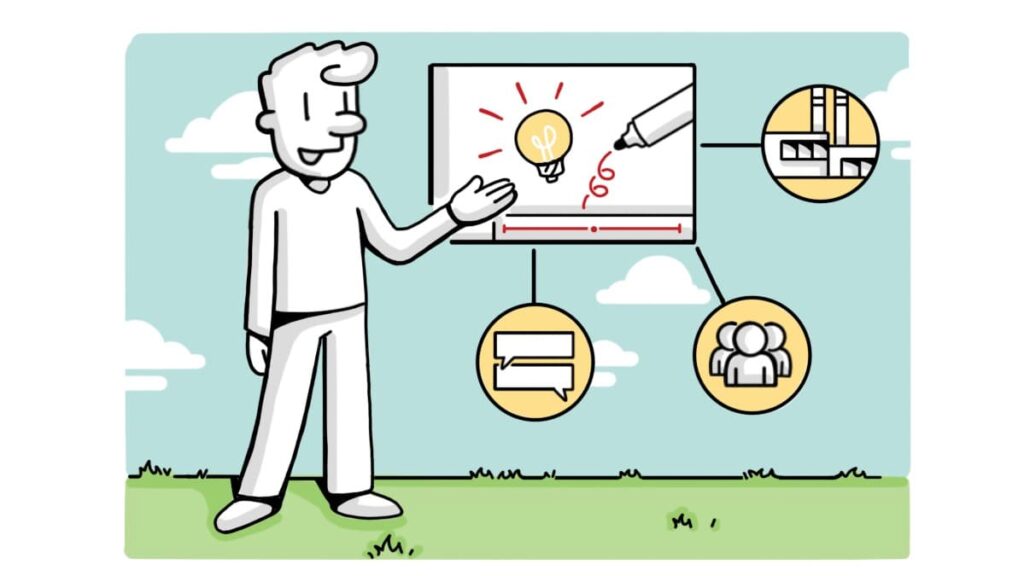 Illustration of a person presenting an animated video with icons representing communication, strategy, and collaboration, emphasizing the importance of matching with the right video provider who understands the industry and communication goals.